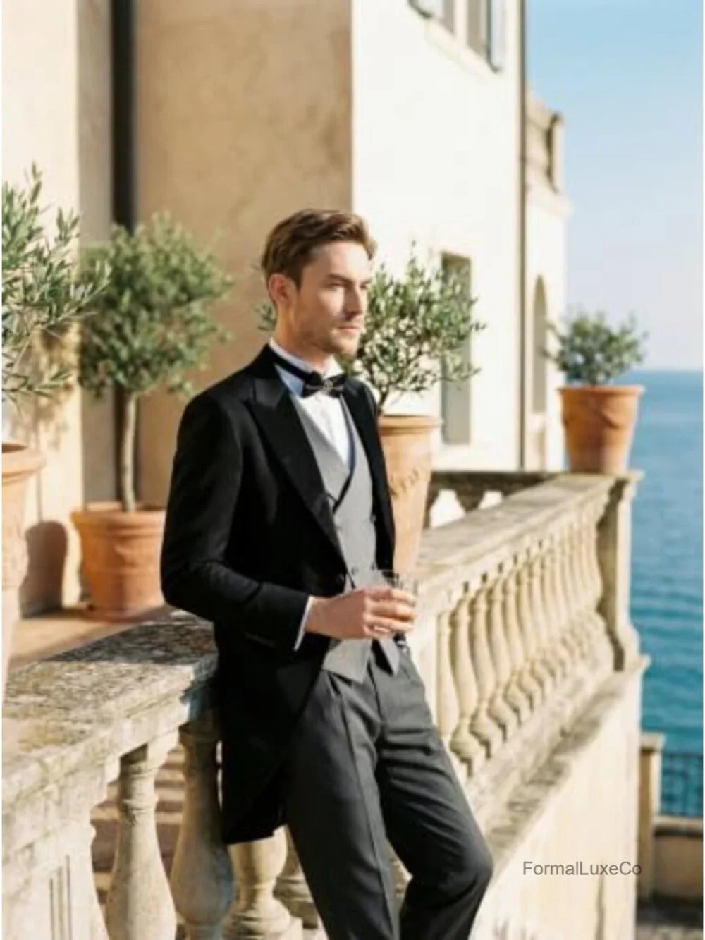 Men's 3 Piece Slim Fit Tuxedo Suit with Velvet Collar, Double Breasted Vest,